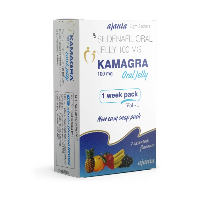 alt="Kamagra Oral Jelly 100mg 7 Sachets Pack assorted flavours"